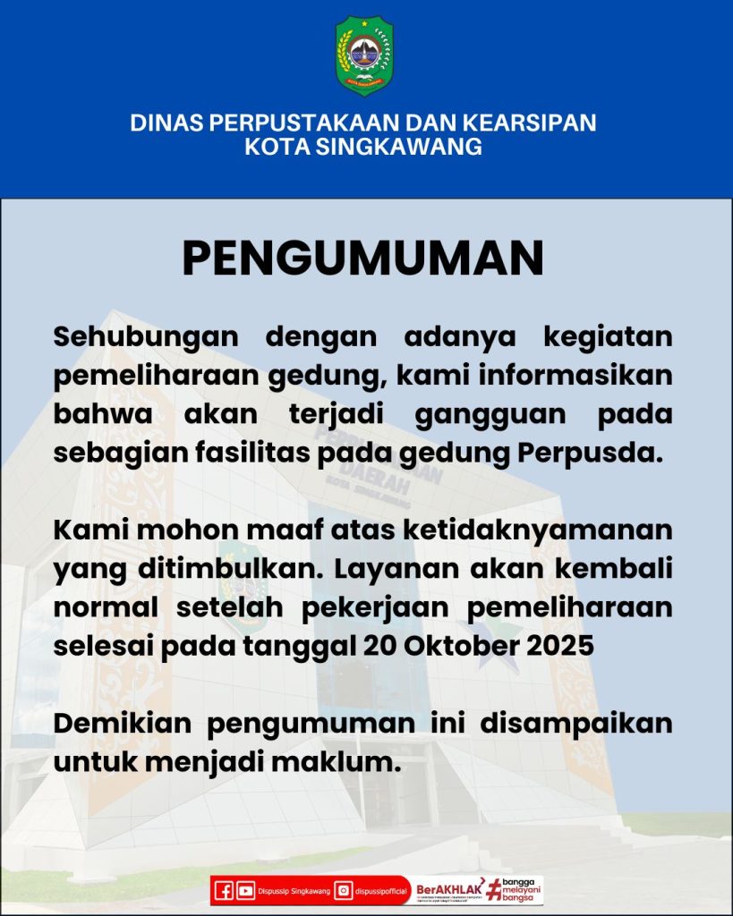 Pengumuman Gangguan Utilitas pada Gedung Perpusda